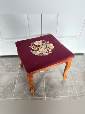 Vintage Floral Needlepoint Embroidered Wood Footstool